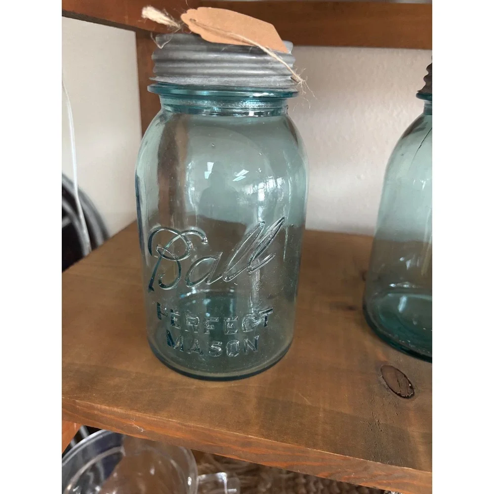 Vintage Ball Perfect Mason Jar Aqua Blue Glass Quart with Zinc Lid 7 Inch